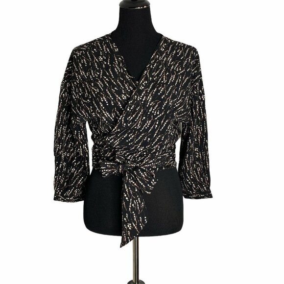 Anama Women's Black V Neck Balloon‎ Sleeve Floral Ditsy Print Wrap Top SZ M - Picture 2 of 12